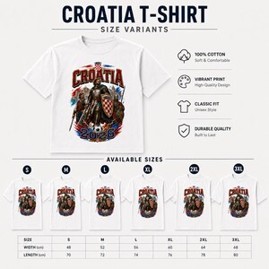May include: White Croatia T-shirt with a vibrant graphic featuring a warrior, shield, and soccer ball, with the text "CROATIA" and "2026". Available in sizes S to 3XL. Made of 100% cotton with a classic fit.