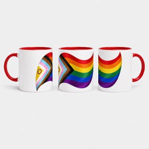 Progress Pride Mug, LGBTQ Coffee Cup, Queer Ceramic Drinkware, Red Handle, Inclusive Rainbow Design, Equality Gift