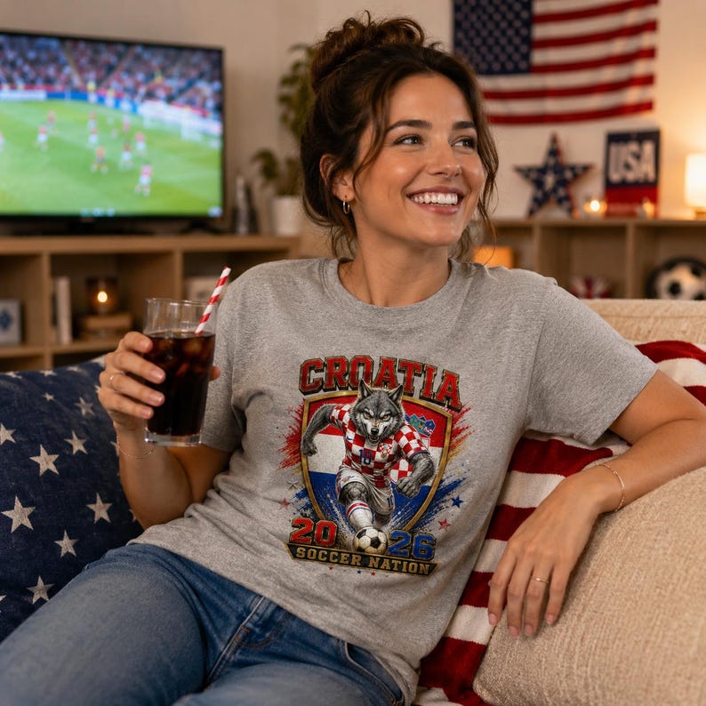 May include: A heather grey t-shirt featuring a graphic of a wolf wearing a red and white checkered football kit, kicking a football. The design includes the text Croatia, 2026, and Soccer Nation, set against a shield and star background.