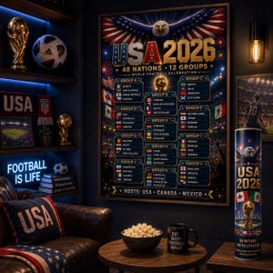 May include: A wall poster titled USA 2026 48 Nations 12 Groups World Football Celebration featuring a bald eagle, flags, and group listings. The poster is displayed in a room with a USA pillow, a soccer ball, a trophy, and a cylindrical container.