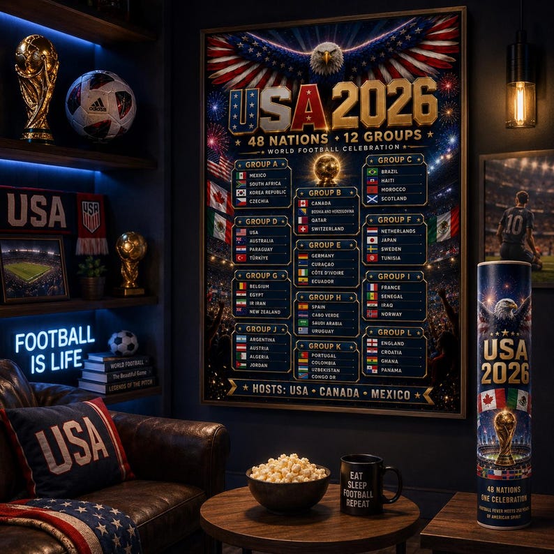 May include: A wall poster titled USA 2026 48 Nations 12 Groups World Football Celebration featuring a bald eagle, flags, and group listings. The poster is displayed in a room with a USA pillow, a soccer ball, a trophy, and a cylindrical container.