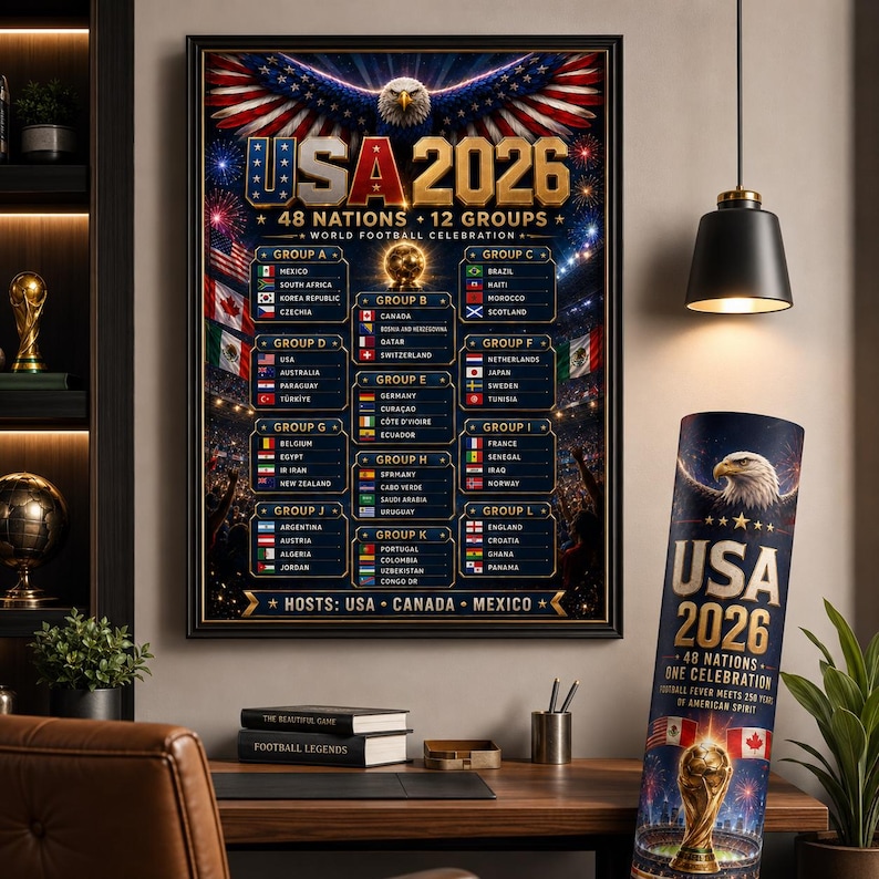 May include: A framed wall poster and a matching cylindrical tube featuring the text USA 2026, 48 Nations, 12 Groups, and World Football Celebration. The design includes a bald eagle, a golden trophy, and a list of national flags organized by groups.