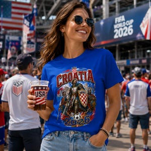 May include: A woman wearing a blue t-shirt with a Croatia graphic. The graphic features a knight, the word "Croatia", and the year "2026". She is holding a clear plastic cup with a red, white, and blue USA design.
