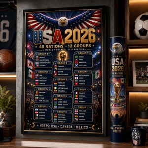 May include: A framed poster titled USA 2026 World Football Celebration featuring a bald eagle, a list of 48 nations divided into 12 groups, and the text Hosts: USA, Canada, Mexico. Beside it stands a matching cylindrical tube with similar graphics.
