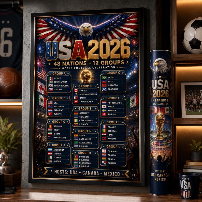 May include: A framed poster titled USA 2026 World Football Celebration featuring a bald eagle, a list of 48 nations divided into 12 groups, and the text Hosts: USA, Canada, Mexico. Beside it stands a matching cylindrical tube with similar graphics.