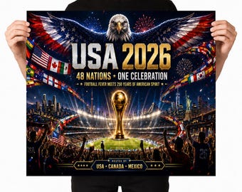 USA 2026 Soccer Poster, 48 Nations Football Celebration Wall Art, American Spirit Fan Print, USA Canada Mexico Host Poster