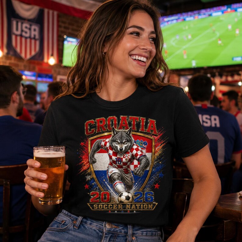 May include: A black t-shirt featuring a graphic of a wolf wearing a red and white checkered football jersey, running with a football. The design includes the text "CROATIA", "2026", and "SOCCER NATION" set against a shield and star background.