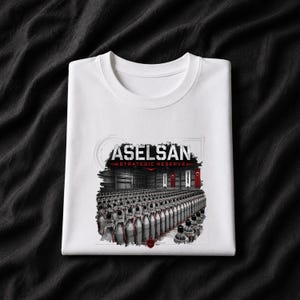Könnte beinhalten: Ein weißes T-Shirt mit einem Grafikdruck, der ein Lagerhaus voller Reihen zylindrischer Objekte zeigt. Der Text ASELSAN STRATEGIC RESERVE ist in Schwarz und Rot über dem Bild gedruckt, mit kleinen roten Flaggen im Hintergrund.