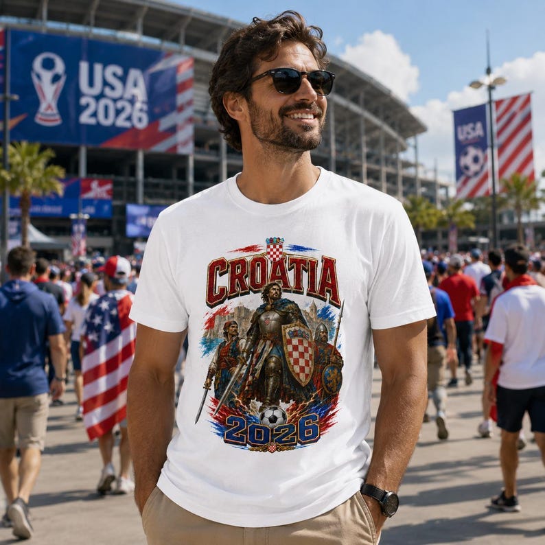May include: White t-shirt featuring a graphic of a Croatian knight with a shield and the word "CROATIA" in red and blue. The shirt also includes the text "USA 2026" and a soccer ball design.