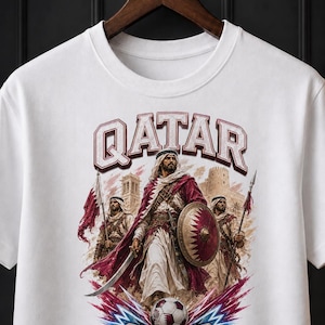 Qatar 2026 Soccer Shirt, Qatar Warrior Football Fan Tee, Qatar Flag Graphic Shirt, Qatari Pride Game Day T-Shirt image 1