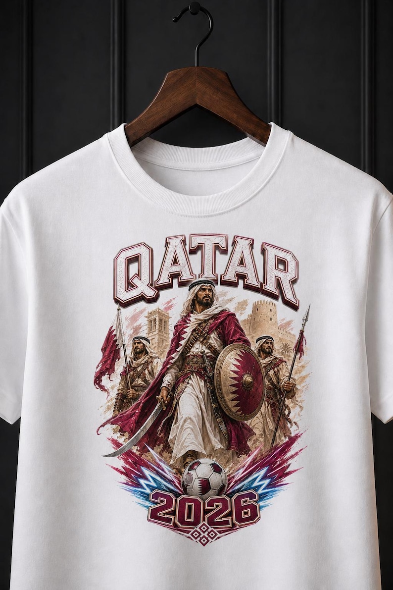Qatar 2026 Soccer Shirt, Qatar Warrior Football Fan Tee, Qatar Flag Graphic Shirt, Qatari Pride Game Day T-Shirt image 1