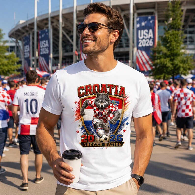 May include: A white t-shirt featuring a graphic of a wolf wearing a red and white checkered soccer jersey, kicking a soccer ball inside a shield emblem. The text reads CROATIA 2026 SOCCER NATION, with red and blue paint splatter accents.