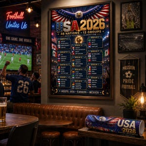 May include: A framed poster titled USA 2026 World Football Celebration featuring a bald eagle, a list of 48 nations divided into 12 groups, and the host countries USA, Canada, and Mexico. A matching rolled print sits on a wooden table nearby.