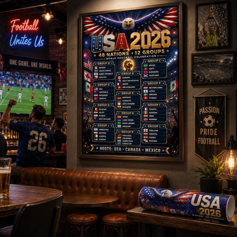 May include: A framed poster titled USA 2026 World Football Celebration featuring a bald eagle, a list of 48 nations divided into 12 groups, and the host countries USA, Canada, and Mexico. A matching rolled print sits on a wooden table nearby.