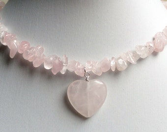 Rose quartz necklace - pink heart necklace - pink heart pendant - chip necklace - semi precious - rose quartz choker - light pink necklace