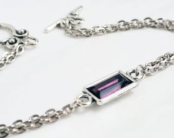 Amethyst bracelet -antique silver chain bracelet - purple crystal - amethyst beaded bracelet - rectangular bracelet - double chain bracelet