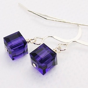 Swarovski earrings - sterling silver filled earrings - crystal cube earrings - purple velvet earrings - purple crystal earrings - 6mm cube