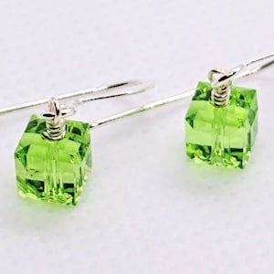 Swarovski earrings - green sterling silver filled earrings - crystal cube earrings - peridot earrings - green crystal earrings - 6mm cube