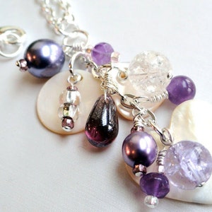 Amethyst necklace - cluster necklace - mother of pearl - purple cluster - heart necklace - amethyst pendant - purple necklace