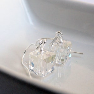 Swarovski earrings sterling silver earrings crystal cube earrings swarovski moonlight 8mm bridal earrings silver cube earrings image 5