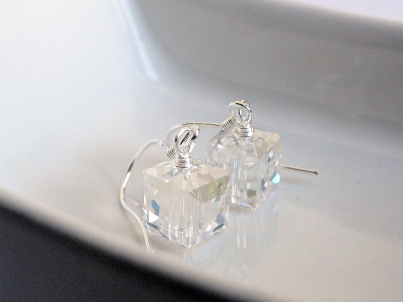 Swarovski earrings sterling silver earrings crystal cube earrings swarovski moonlight 8mm bridal earrings silver cube earrings image 5