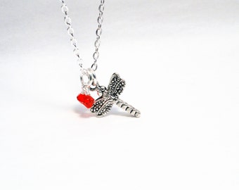 Dragonfly necklace - silver dragonfly - red crystal necklace - dragonfly charm - christmas dragonfly - silver charm necklace - one off