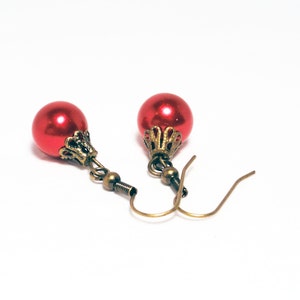 Christmas earrings red pearl earrings festive earrings red earrings brass earrings red holiday earrings bauble earrings image 5