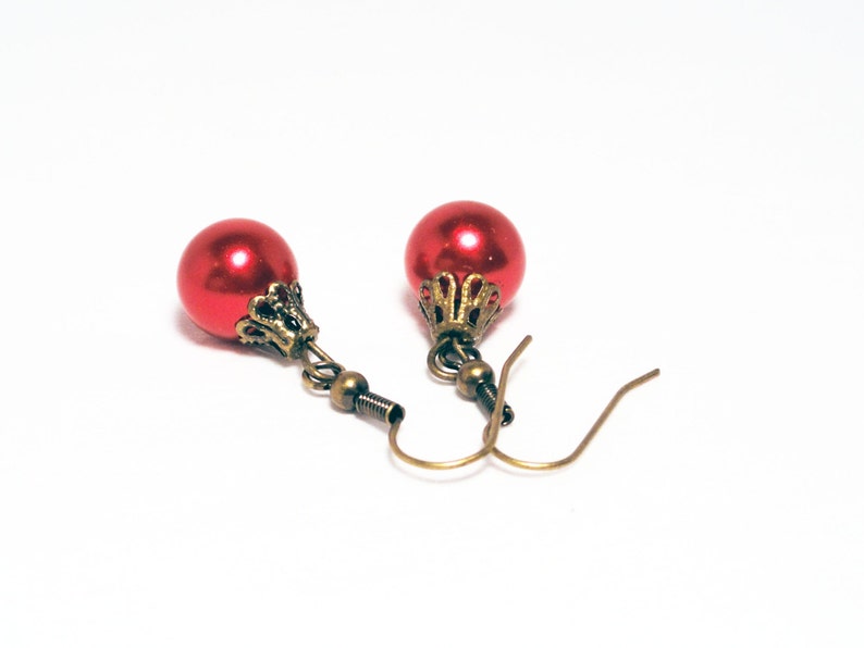 Christmas earrings red pearl earrings festive earrings red earrings brass earrings red holiday earrings bauble earrings image 5