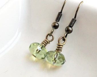 Peridot earrings - glass bead earrings - green drop earrings - green bead earrings - brass earrings - olive earrings - green earrings