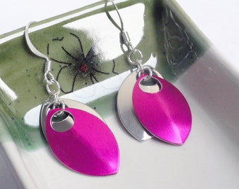 Chainmaille earrings - aluminum earrings - hot pink earrings - scale earrings - pink drop earrings - magenta earrings - fuchsia earrings