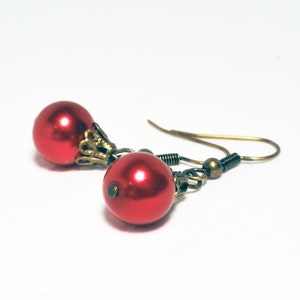 Christmas earrings red pearl earrings festive earrings red earrings brass earrings red holiday earrings bauble earrings image 4