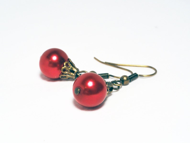 Christmas earrings red pearl earrings festive earrings red earrings brass earrings red holiday earrings bauble earrings image 4