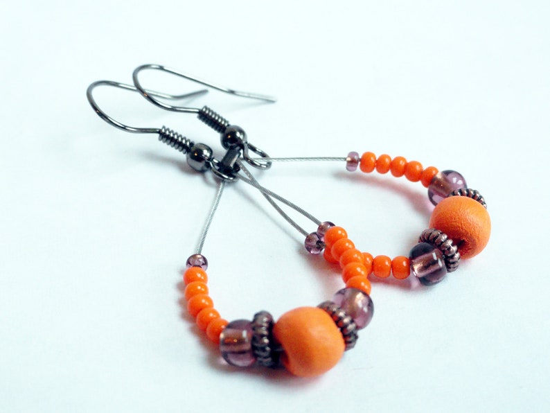 Gypsy earrings wooden earrings orange earrings beaded earrings wood bead earrings brown earrings dangle earrings image 1