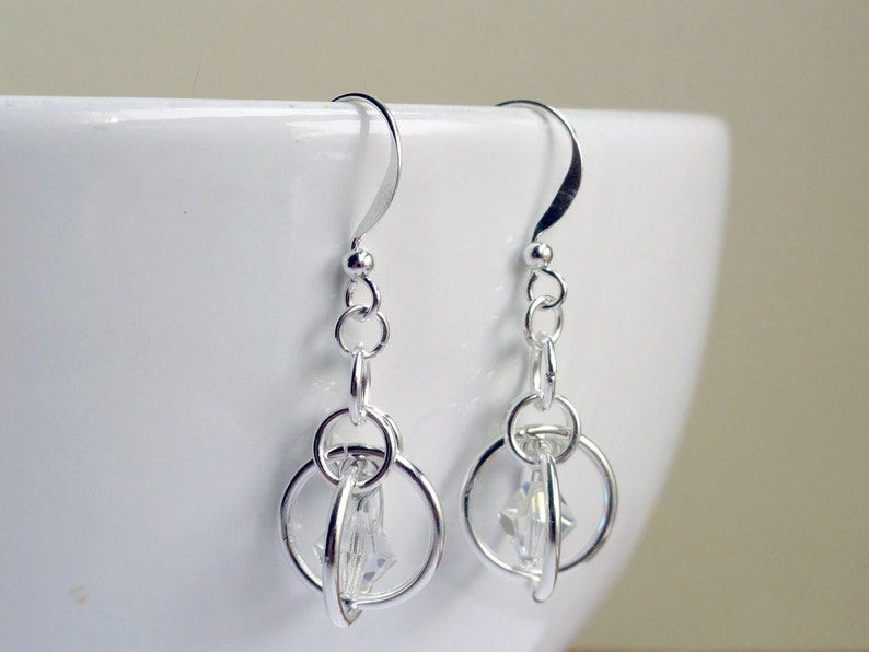 Chainmaille earrings sputnik earrings illusion earrings crystal earrings silver chainmaille saturn ring earrings clear crystal image 2