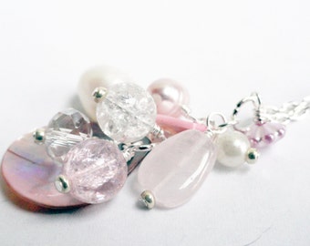 Rose quartz pendant - rose quartz cluster - pink necklace - cluster pendant - cluster necklace - pink shell necklace - pink pearl pendant