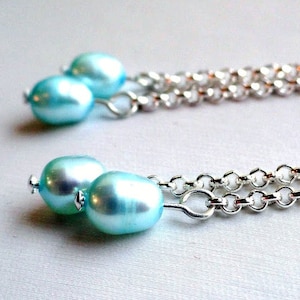 Baby Blue Freshwater Pearl Chain Earrings: Silver Dangles