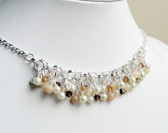 Chainmaille necklace - peach necklace - peach and cream - moonstone necklace - cream pearl necklace - beaded chanmaille - pearl and crystal