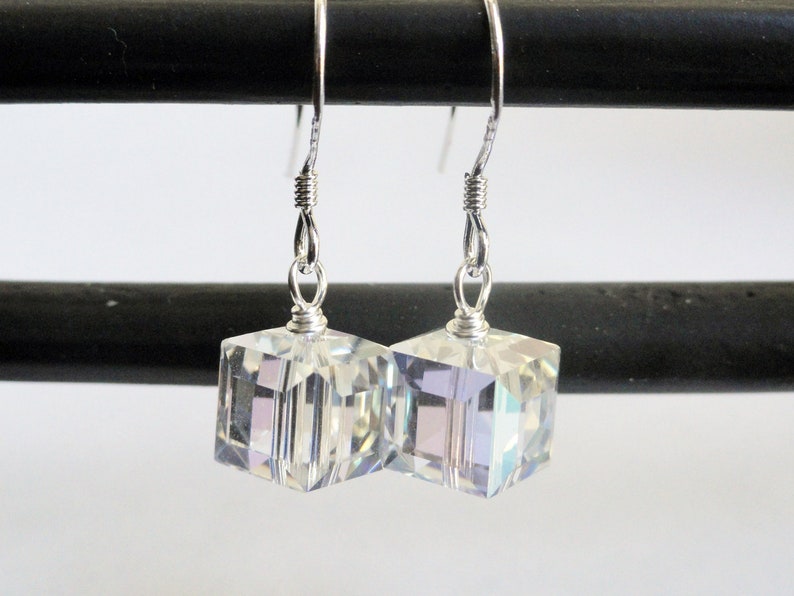 Swarovski earrings sterling silver earrings crystal cube earrings swarovski moonlight 8mm bridal earrings silver cube earrings image 3