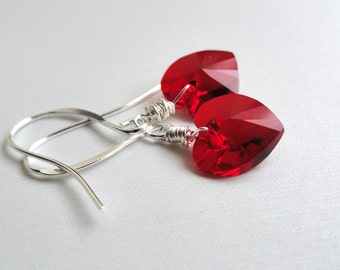 Swarovski earrings - crystal heart earrings - red heart earrings - siam red heart -  silver earrings - wire wrapped - red earrings