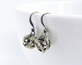 Wire bead earrings - ball earrings - antique gold wire earrings - wire earrings - gold ball bead earrings - tangled wire bead earrings