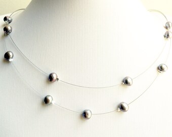 Pearl necklace - illusion necklace - freshwater pearl - floating necklace - gray pearl necklace - strand necklace
