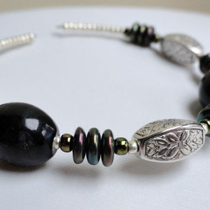 Beaded bracelet - black bracelet - memory wire bracelet - silver bangle - black bangle - peacock bracelet - silver and black
