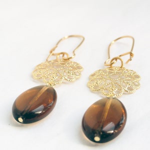 Filigrane Goldohrringe - Ahornsirupglas - Goldhonigohrringe - Honiggoldohrringe - Honigglasohrringe - Glasperlenohrringe - Topas