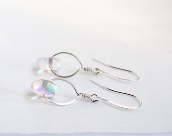 Hammered earrings - rainbow quartz - quartz earrings - rainbow earrings - hand hammered - hammered silver - hammered hoops - quartz rondelle