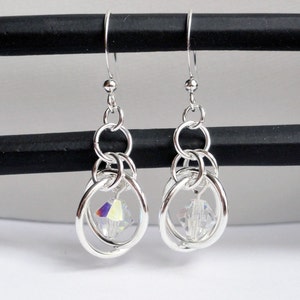 Chainmaille earrings sputnik earrings illusion earrings crystal earrings silver chainmaille saturn ring earrings clear crystal image 1