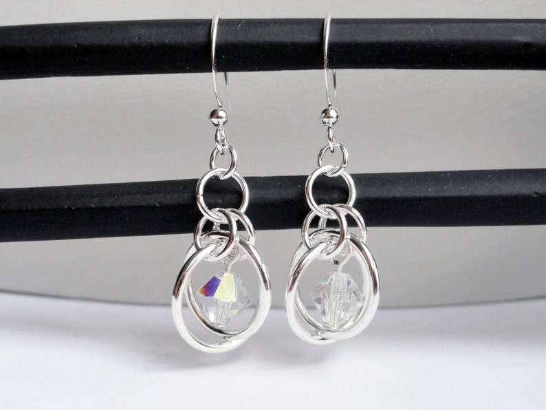 Chainmaille earrings sputnik earrings illusion earrings crystal earrings silver chainmaille saturn ring earrings clear crystal image 1