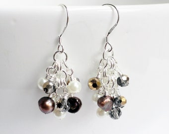 Chainmaille earrings - cluster earrings - sterling silver - beaded chainmaille - coffee bean earrings - freshwater pearls