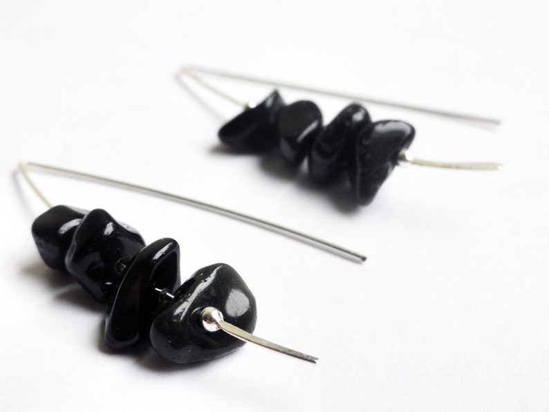 Obsidian earrings sterling silver marquise earrings modern earrings hammered earrings black chip earrings black earrings image 1