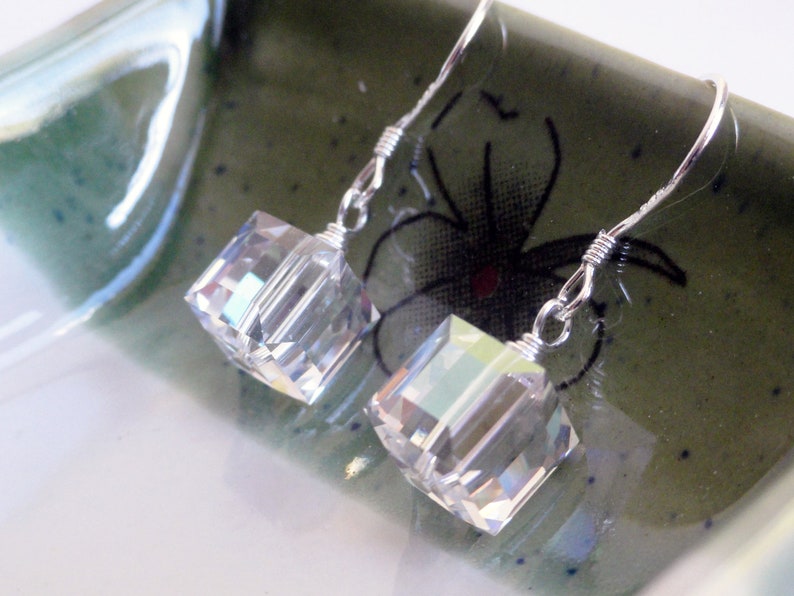 Swarovski earrings sterling silver earrings crystal cube earrings swarovski moonlight 8mm bridal earrings silver cube earrings image 2