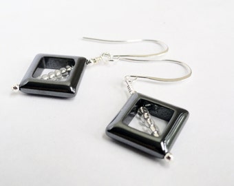 Hematite earrings - square earrings - diamond earrings - black earrings - night earrings - black diamond - black and silver